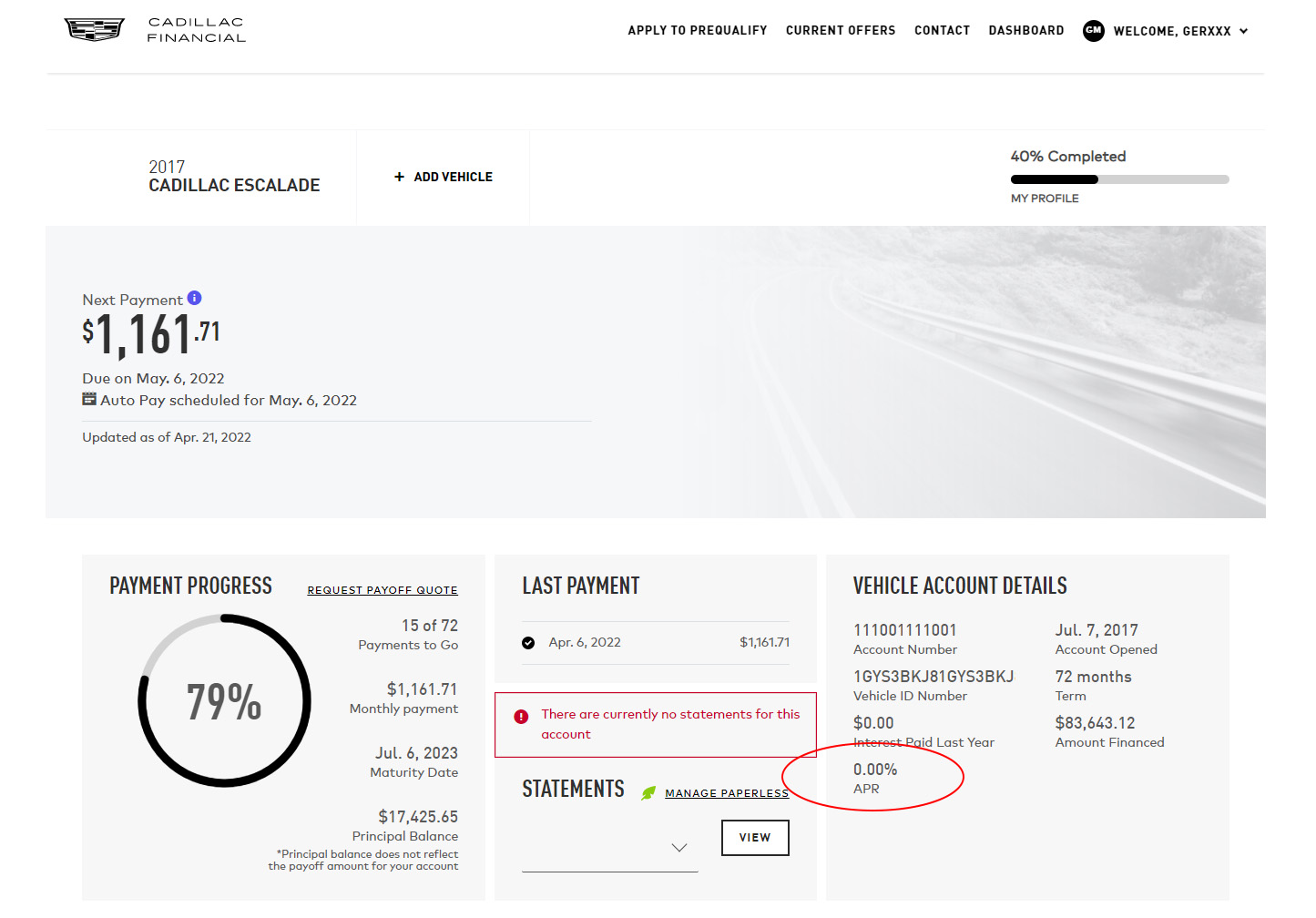 Image of My Account Dashboard with the APR circled in red.