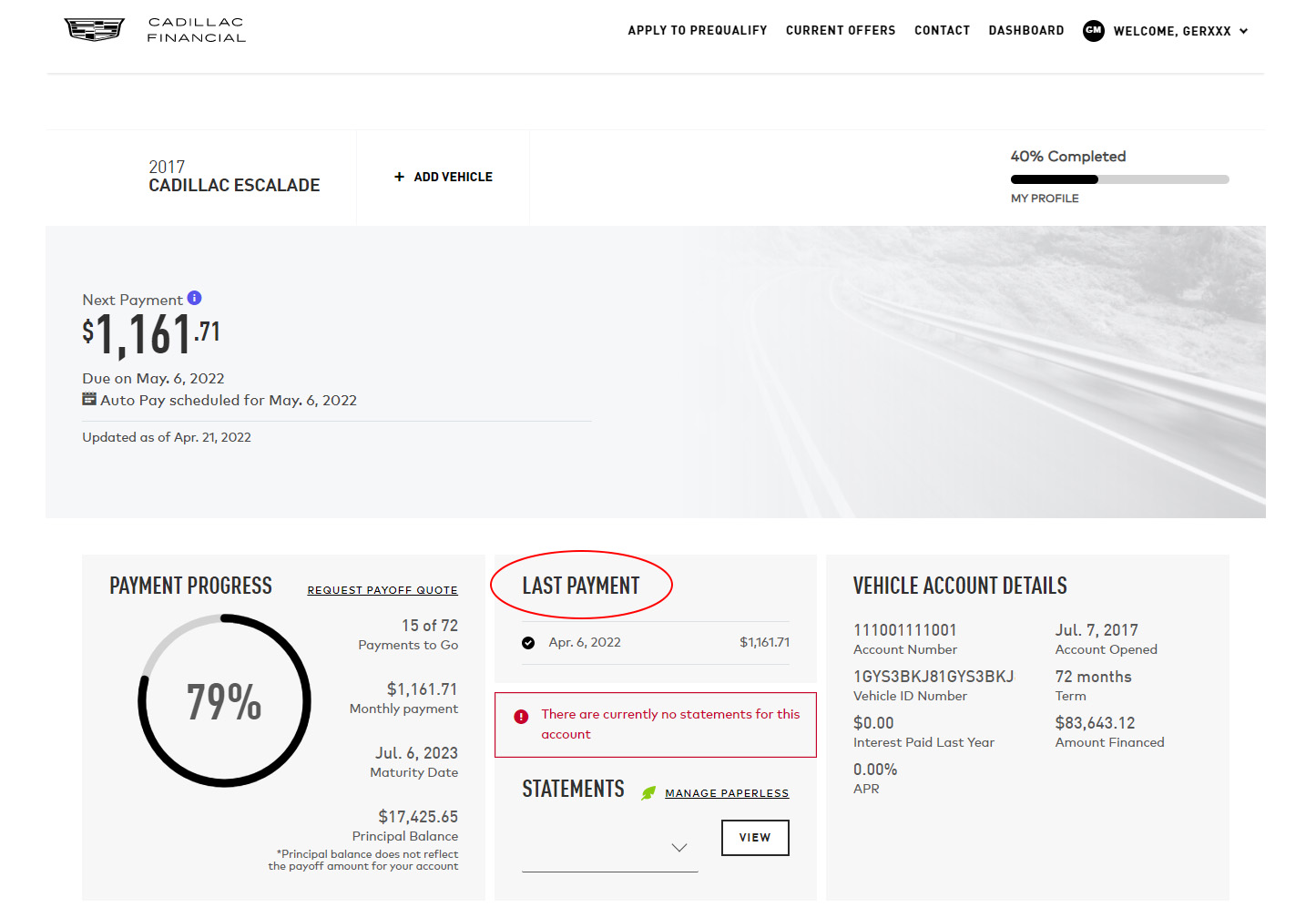 Image of My Account Dashboard with the last payment received circled in red