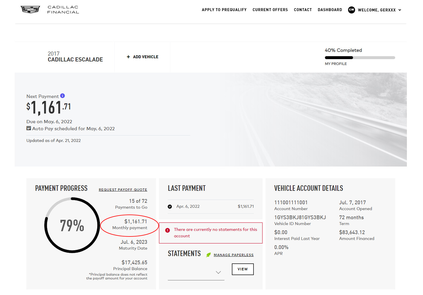 Image of My Account Dashboard with the monthly payment circled in red