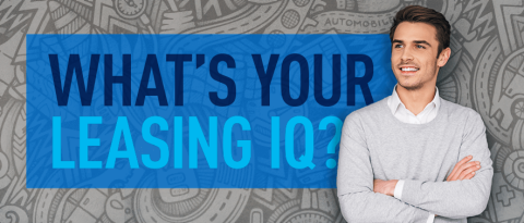 Man looking thoughtful while standing in front of a text overlay "What's your Leasing IQ?"