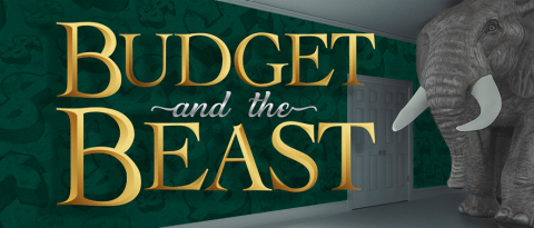Enormous elephant entering room with gold text overlay “Budget and the Beast”