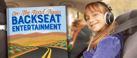 happy kids in a car on road trip with a book titled "On the Road Again Backseat Entertainment"